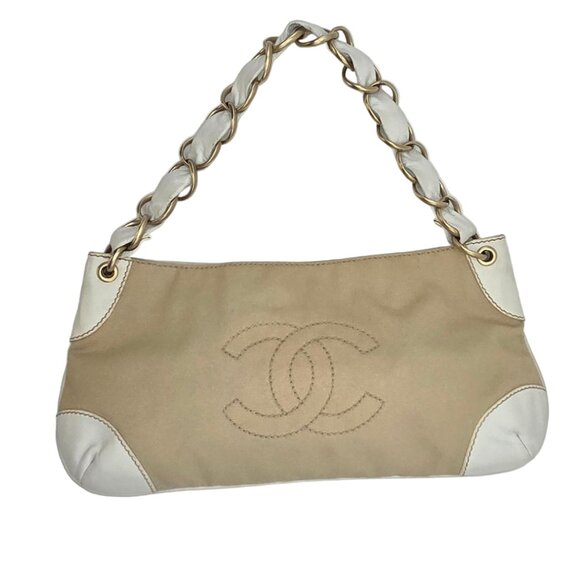 Women's Beige/White Canvas Large Pochette Bag - Picture 1 of 12
